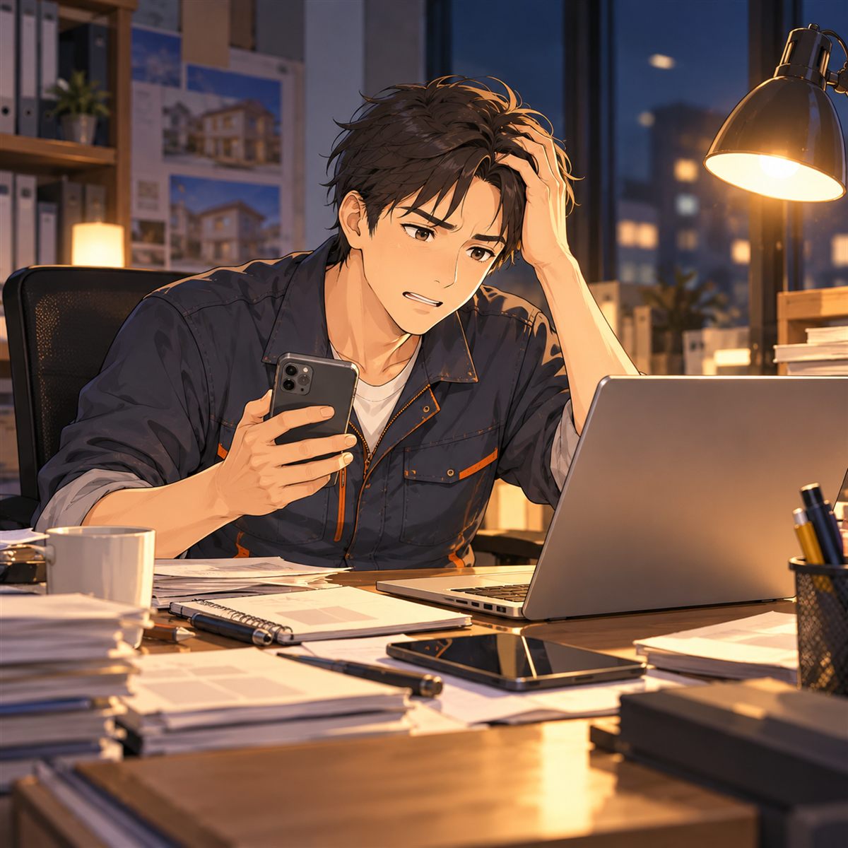 夜の事務所で、返信に追われて困り顔の社長