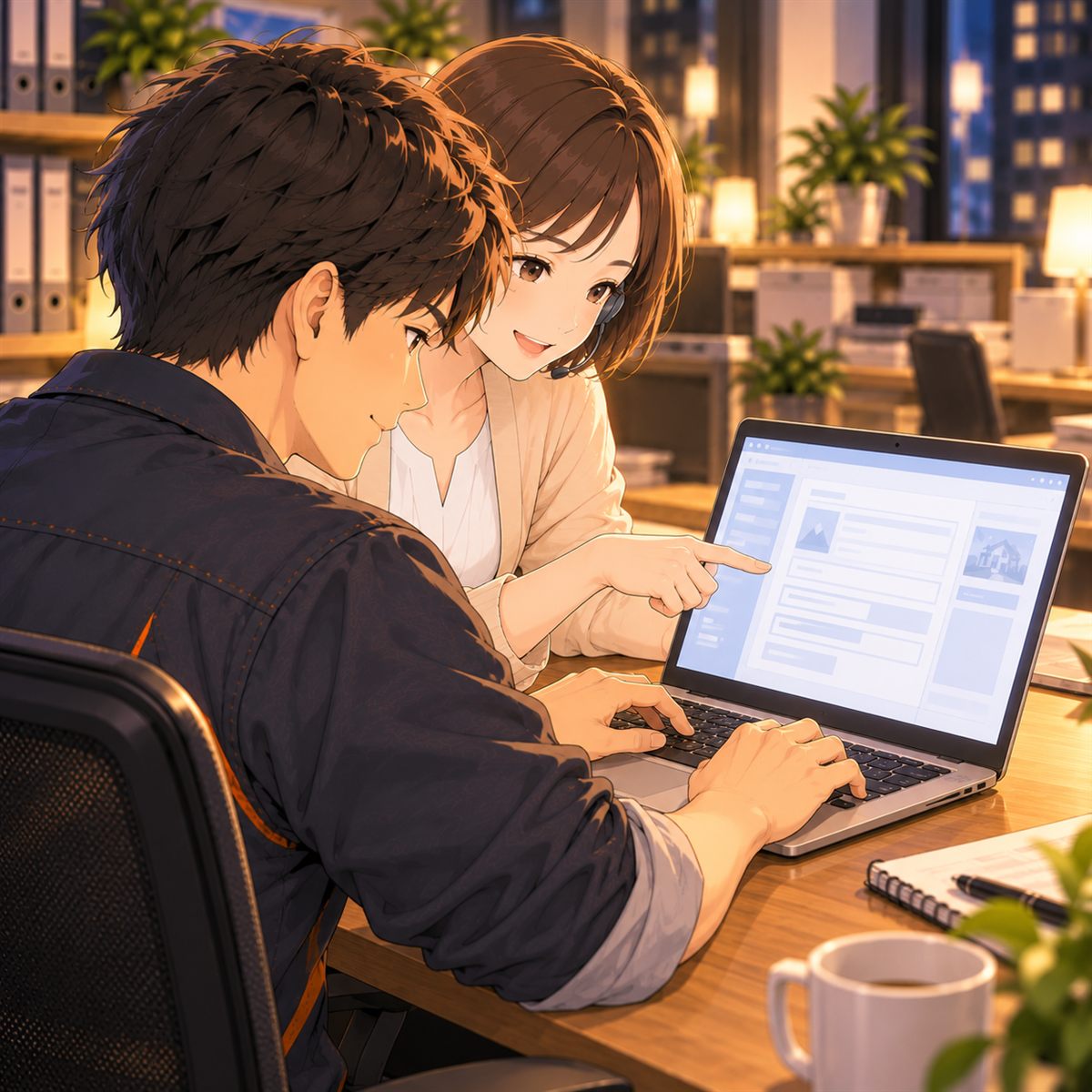 パソコンに会社の情報を入力する社長と、画面を指さすモエ