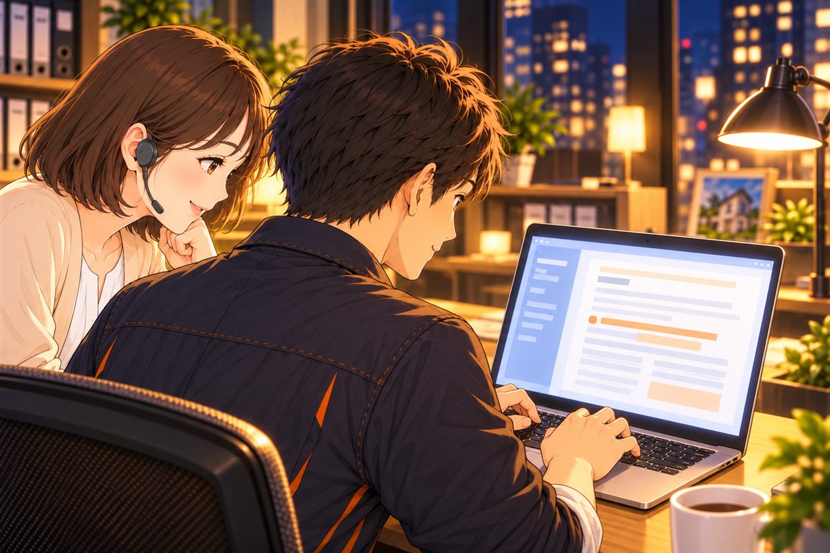 画面の下書きを読み、文章を直す社長と、見守るモエ