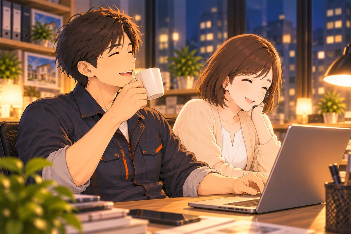 コーヒーを飲んでほっとする社長と、笑うモエ